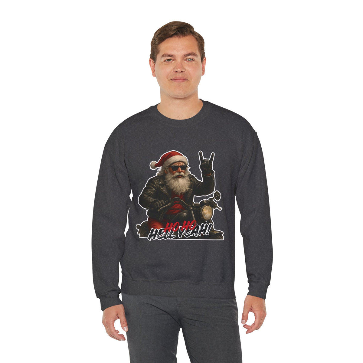 Santa Biker Crewneck Sweatshirt – 'Ho Ho Hell Yeah' Christmas Motorcycle Pullover