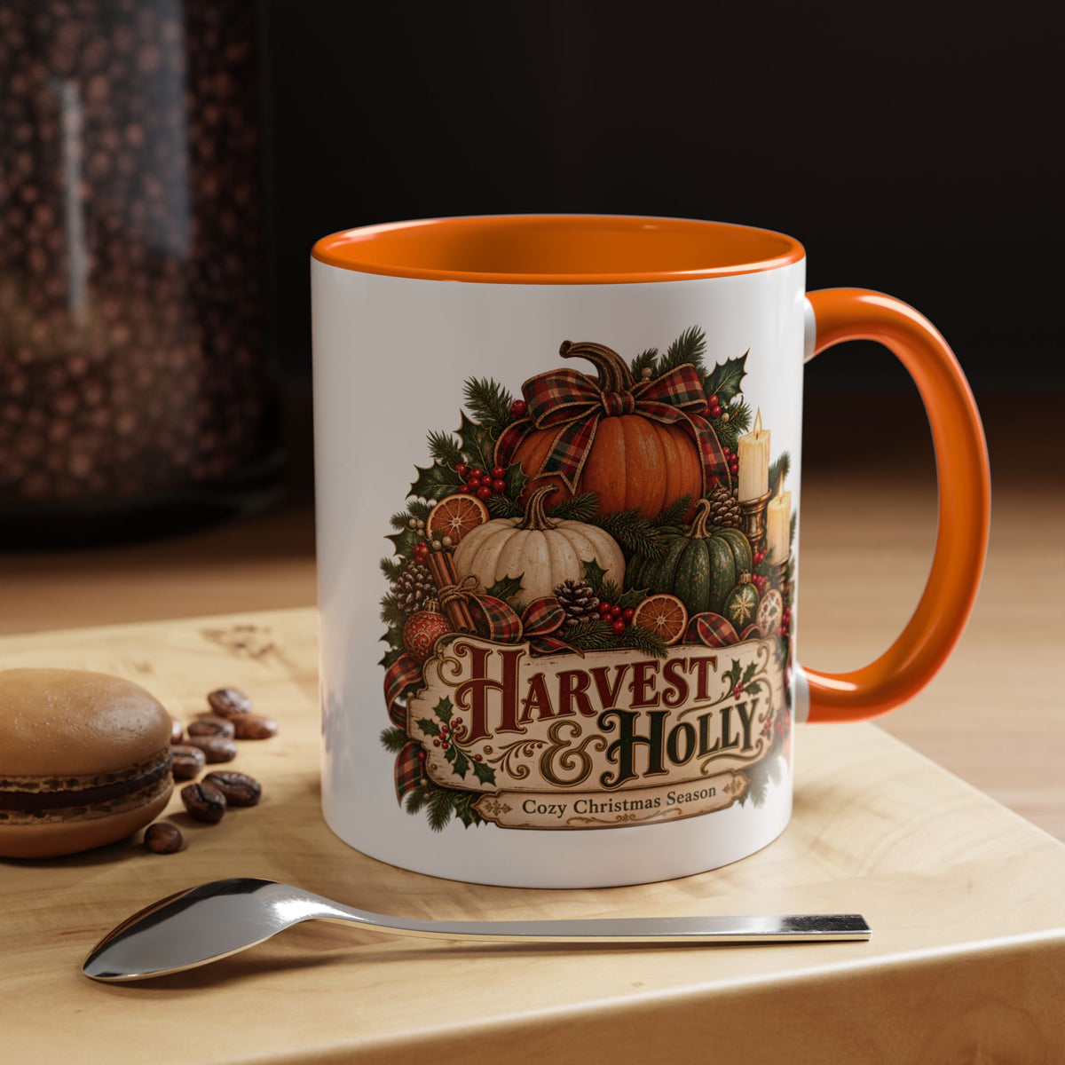 Harvest & Holly Accent Coffee Mug - Vintage Christmas Holiday Mug (11 oz)