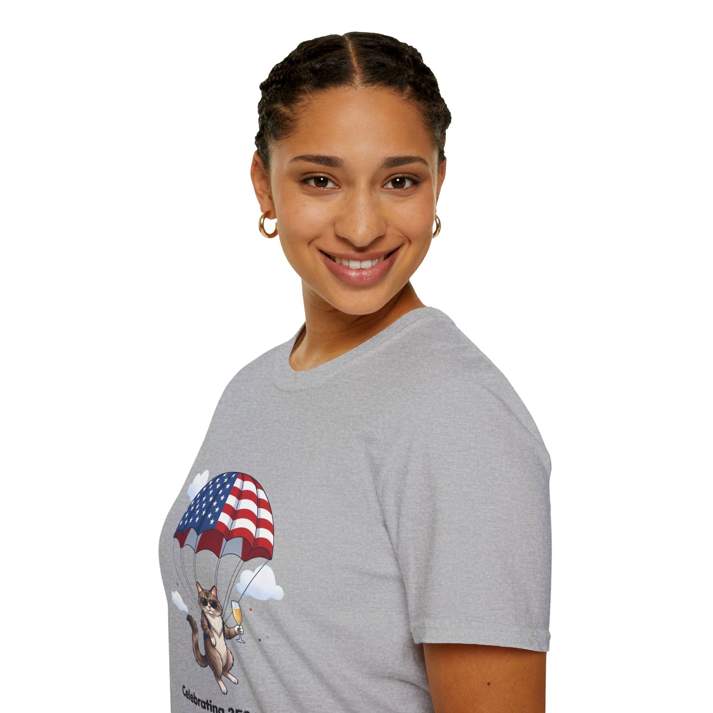 Patriotic Cat Parachute T-Shirt — "Celebrating 250 Years" 4th of July Tee