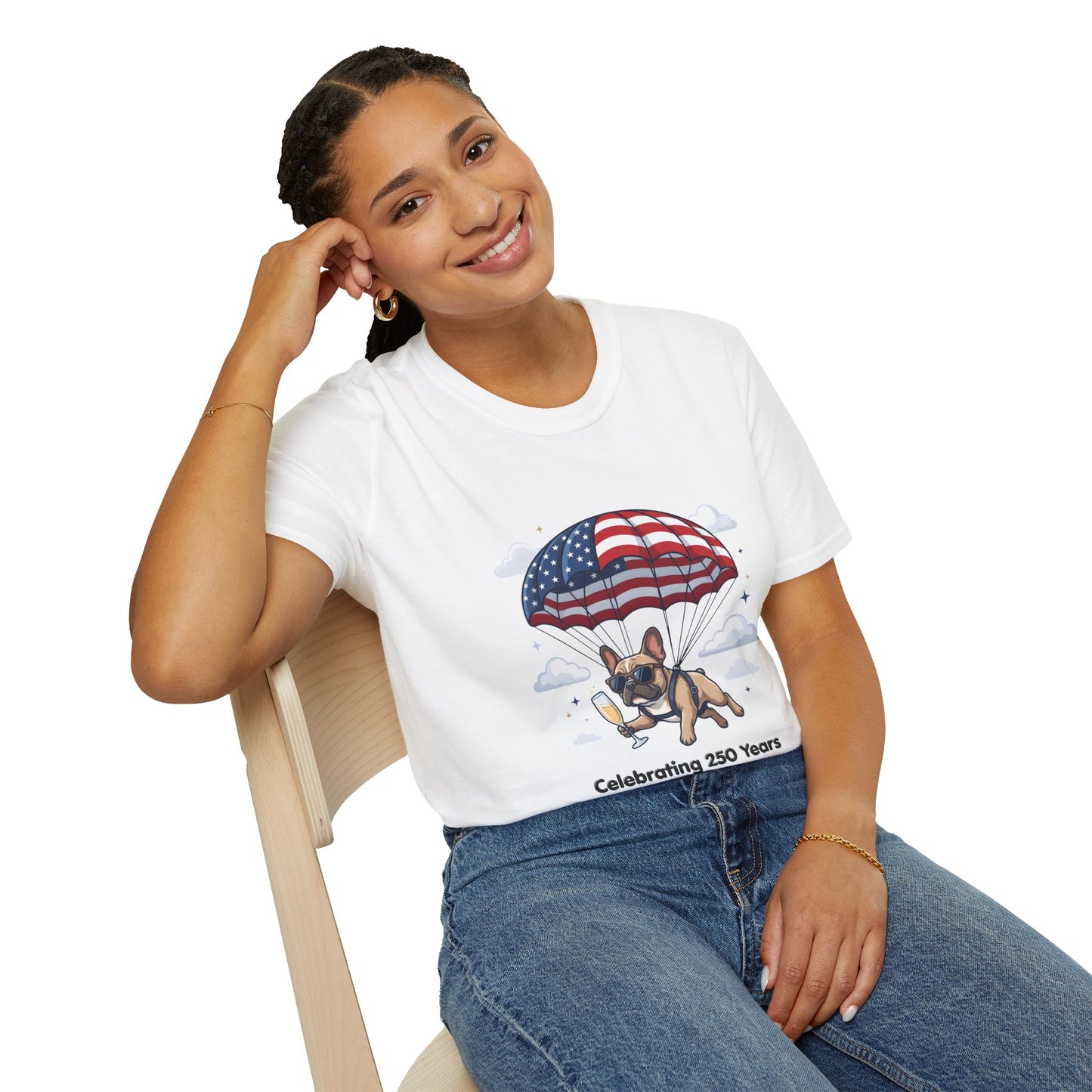 Patriotic French Bulldog T-Shirt — "Celebrating 250 Years" Parachute Design