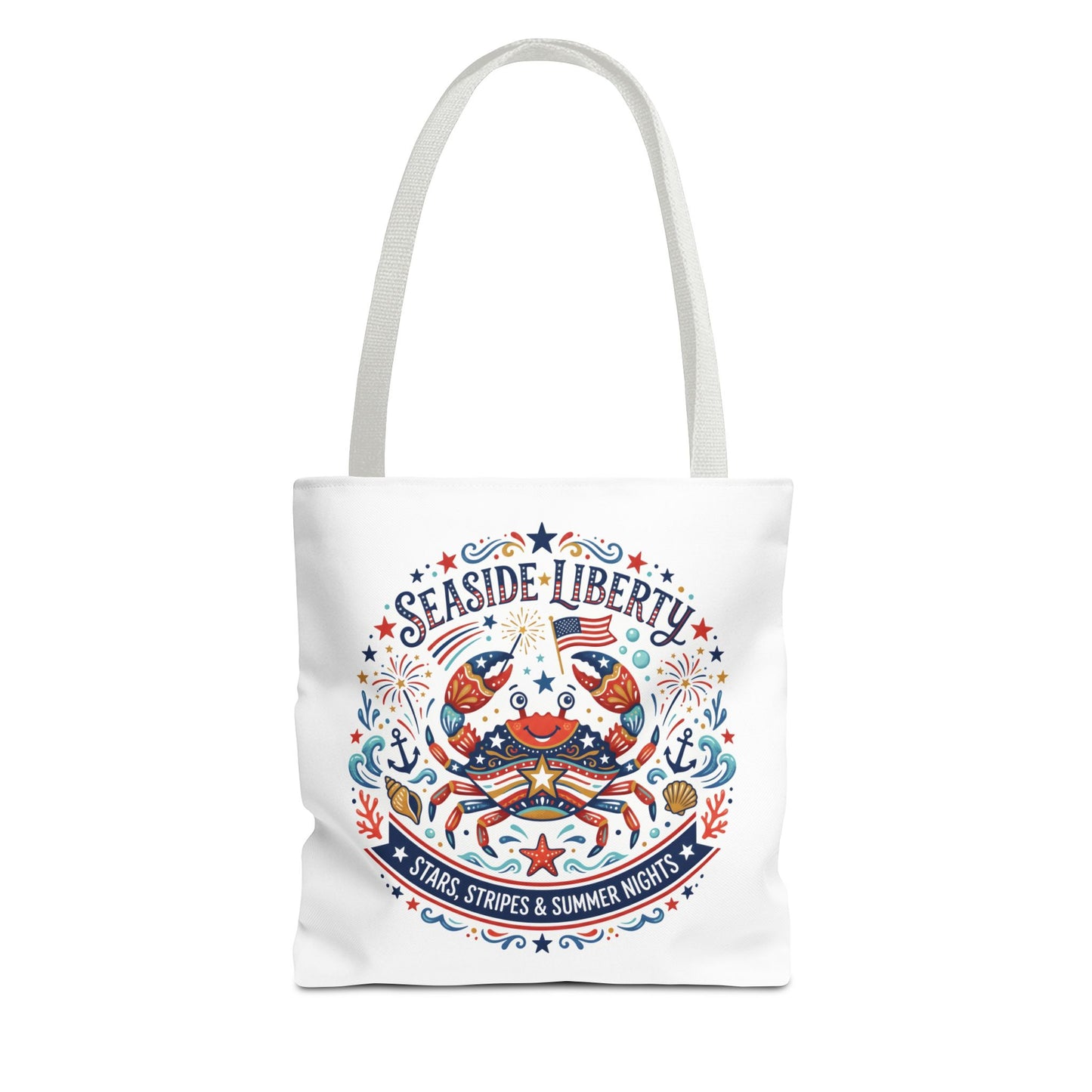 Seaside Liberty Tote Bag — 4th of July, Patriotic Bag "Stars, Stripes & Summer Nights"
