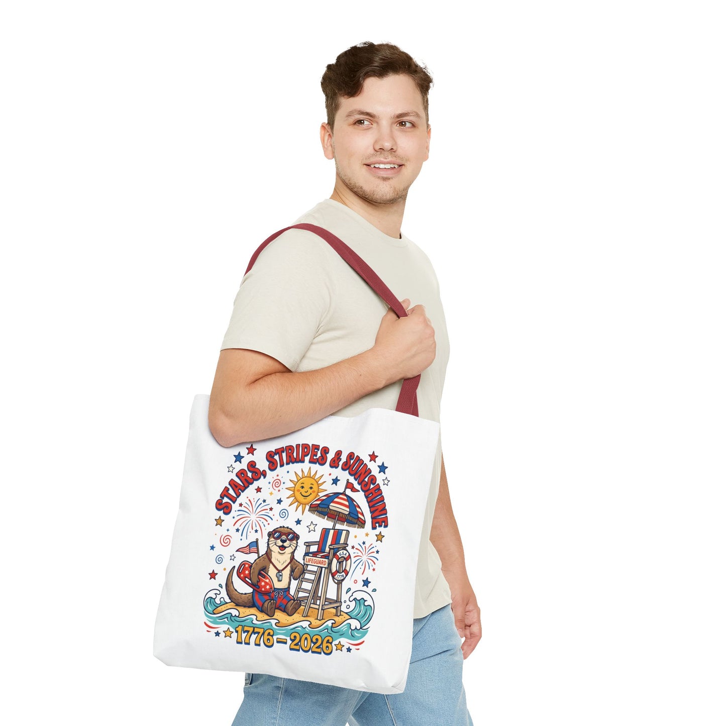 Stars, Stripes & Sunshine Tote Bag — 1776–2026 Patriotic Summer Beach Tote, 4th of July Tote