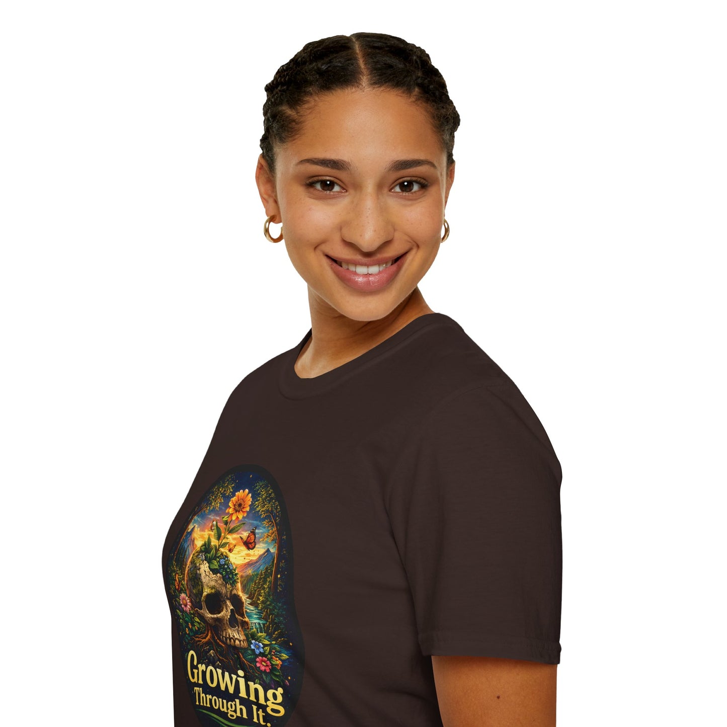 Growing Through It T-Shirt – Earth Day Nature Skull Graphic Tee | Mental Growth & Healing Shirt | Botanical Aesthetic Unisex Tee