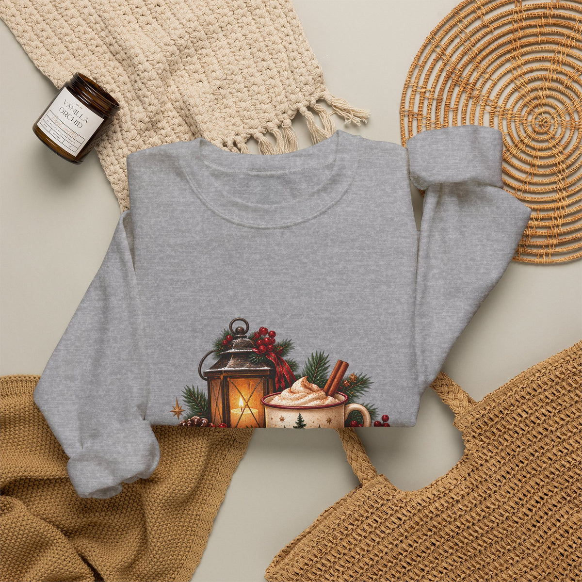 Cinnamon & Pine Crewneck Sweatshirt — Cozy Holiday Lantern Design Sweatshirt