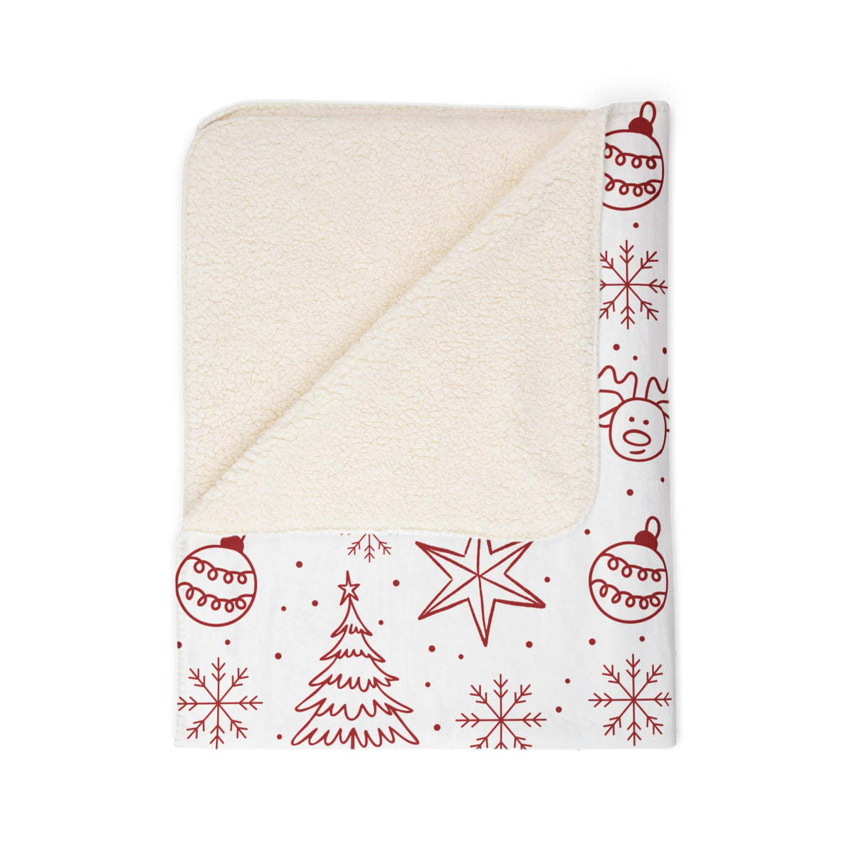 Christmas Fleece Sherpa Blanket - Red Doodle Trees, Reindeer & "Merry Christmas" Pattern