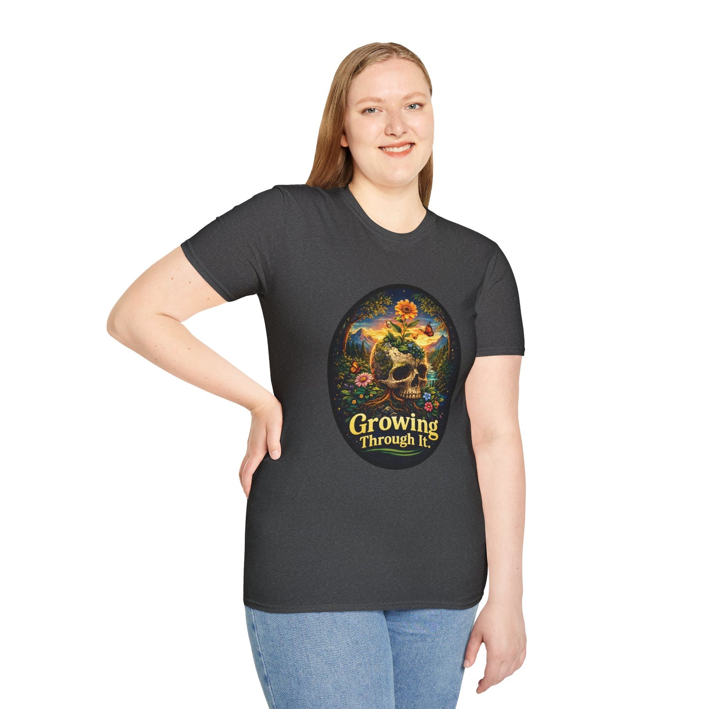 Growing Through It T-Shirt – Earth Day Nature Skull Graphic Tee | Mental Growth & Healing Shirt | Botanical Aesthetic Unisex Tee