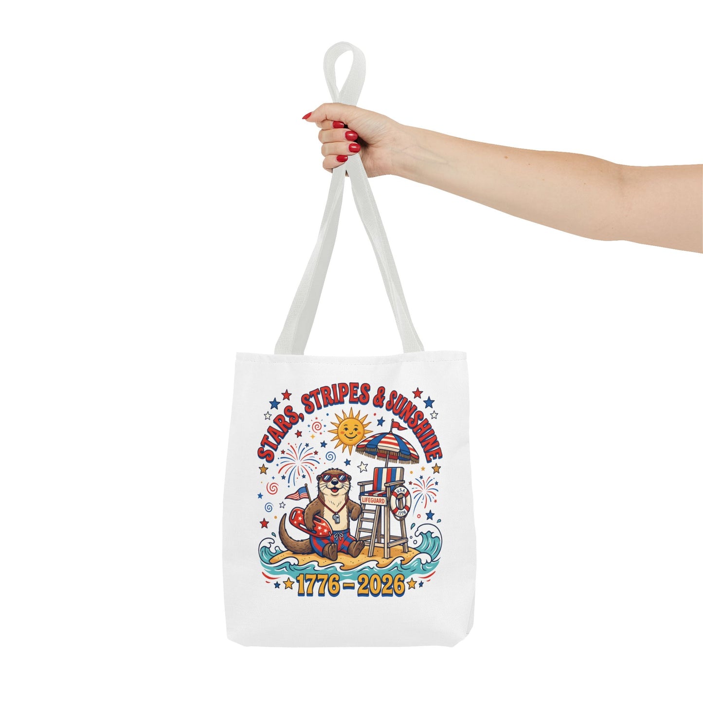 Stars, Stripes & Sunshine Tote Bag — 1776–2026 Patriotic Summer Beach Tote, 4th of July Tote