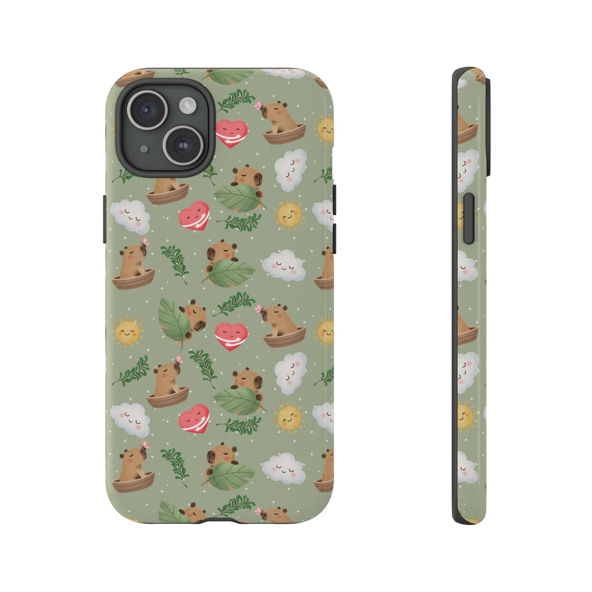Cute Capybara Pattern Phone Case — Green Botanical Tough Case