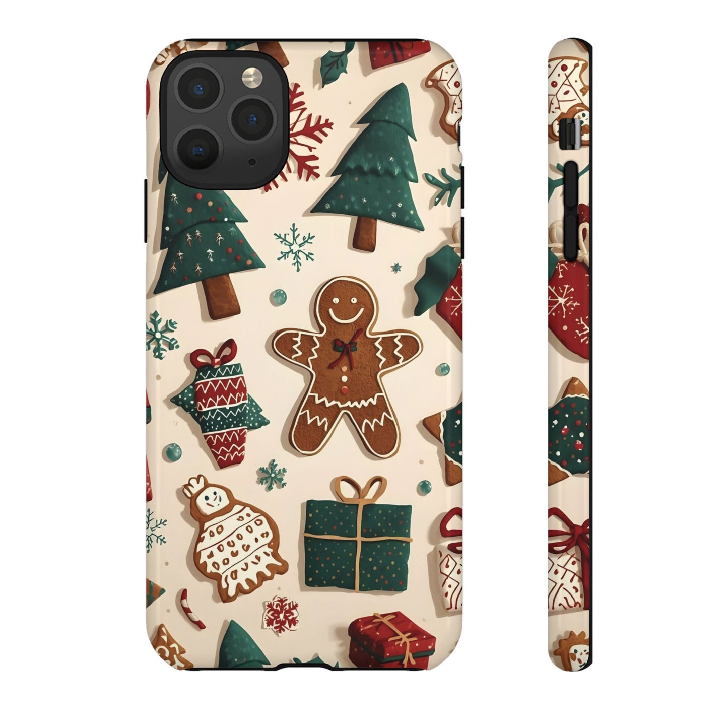 Christmas Phone Case with Gingerbread and Christmas Tree Design, Dual Layer Case for Iphone 17, 16, 15, 14, 13, 12, 11 & Samsung