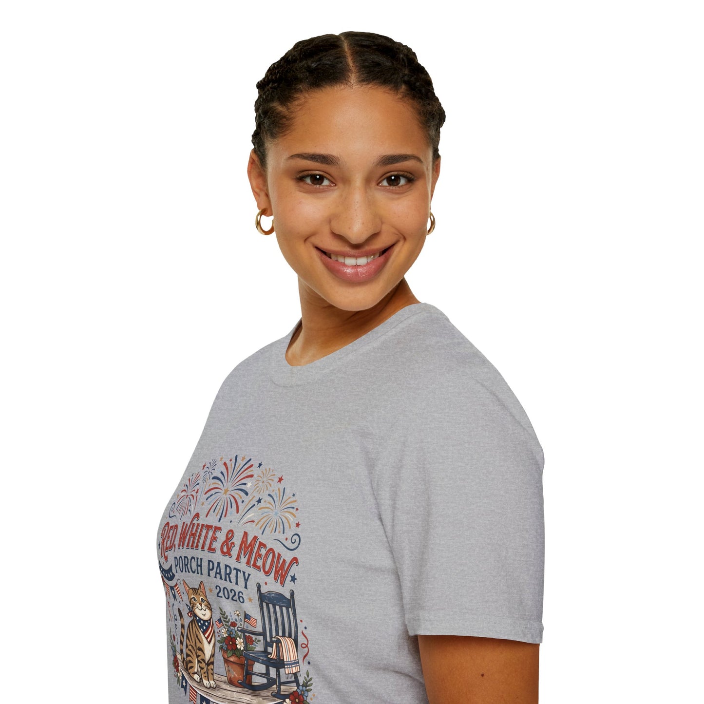 Red, White & Meow Porch Party T-Shirt — 2026 Patriotic Cat Tee, 4th of July Shirt, Independence Day Gift