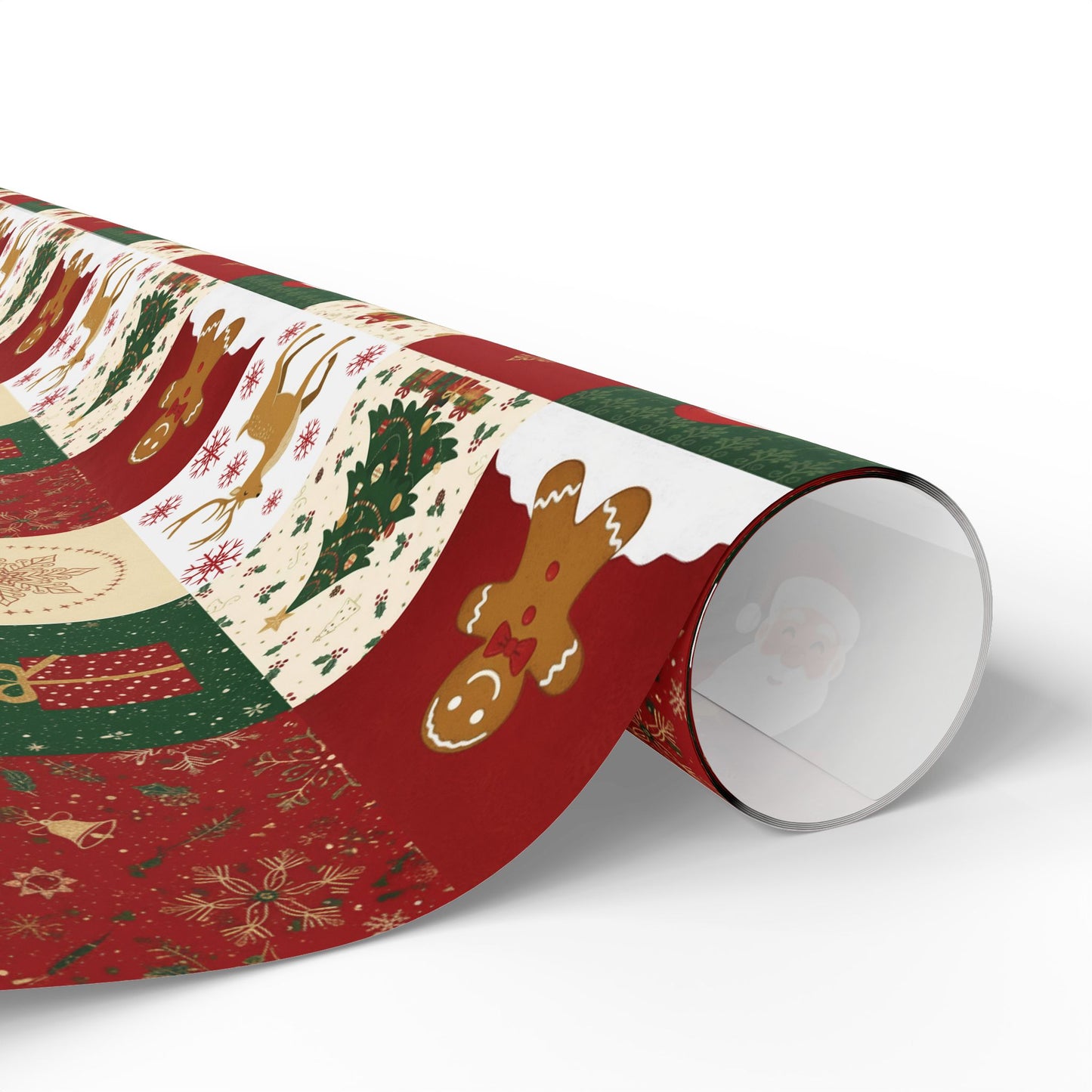 Christmas Patchwork Wrapping Paper Roll — Gingerbread, Trees & Red Green Christmas Pattern