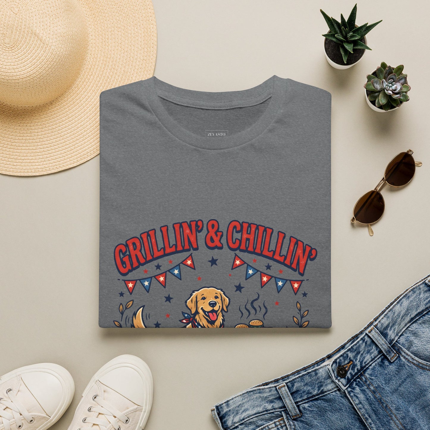 Grillin' & Chillin' BBQ Dog T-Shirt — 1776-2026 Patriotic Summer Tee, 4th of July Shirt, Independence Day Tee