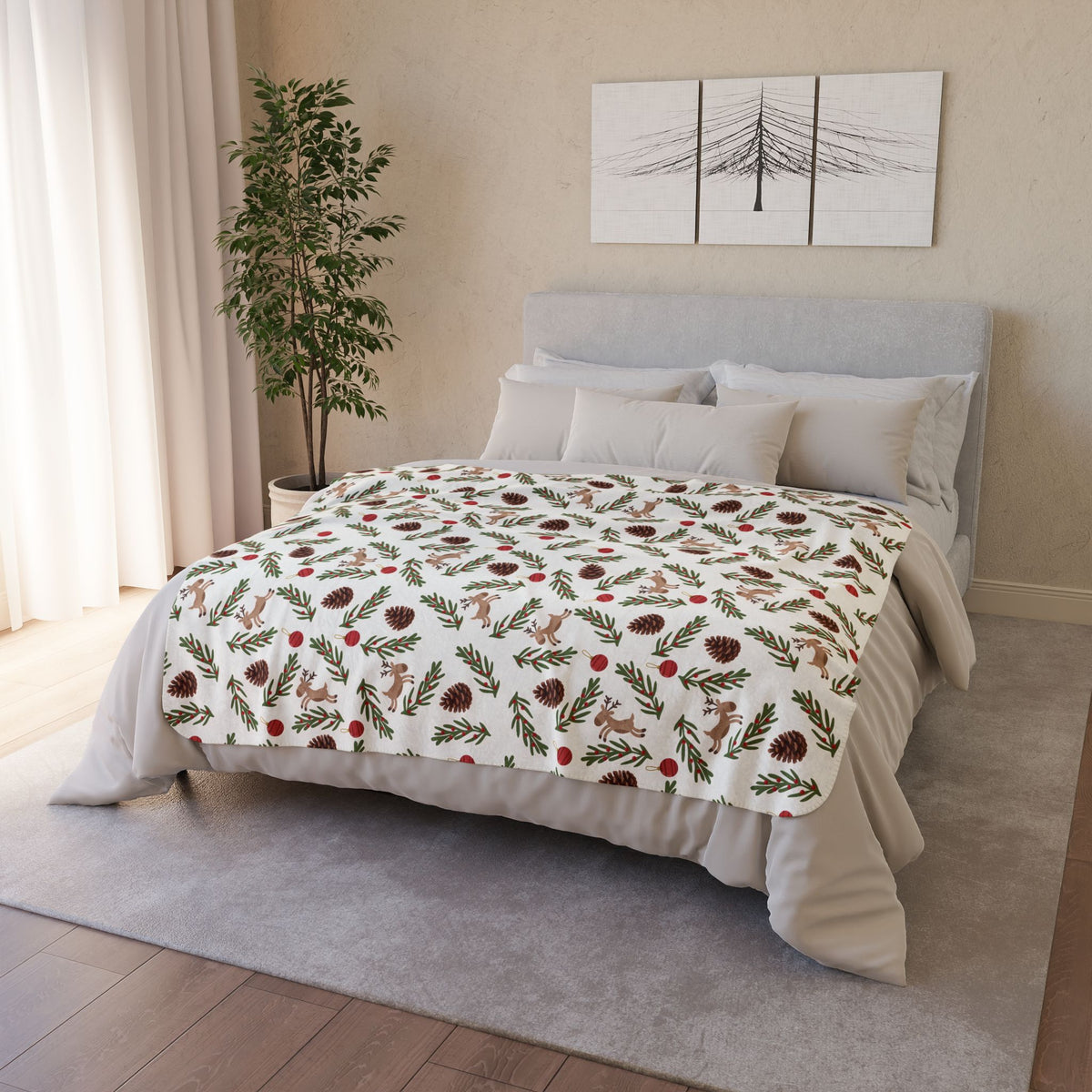 Holiday Pinecone Fleece Sherpa Blanket - Cozy Christmas Cabin Throw