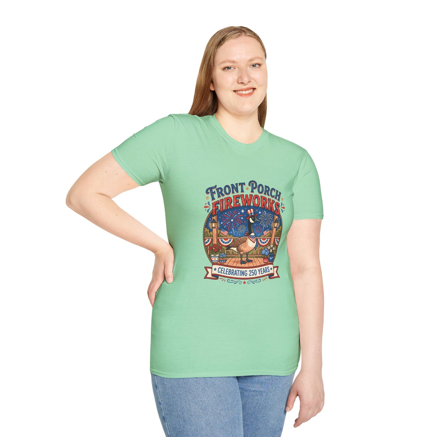 Front Porch Fireworks, Goose T-Shirt — Patriotic 4th of July Celebration Tee