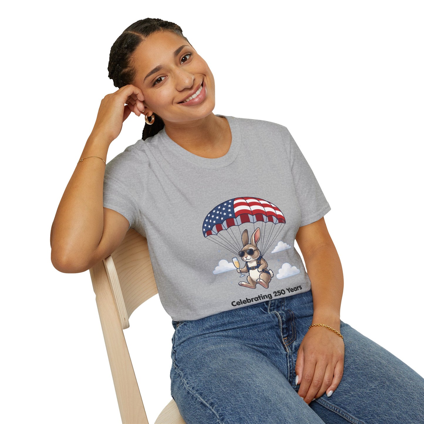 Patriotic Parachuting Bunny T-Shirt — "Celebrating 250 Years"