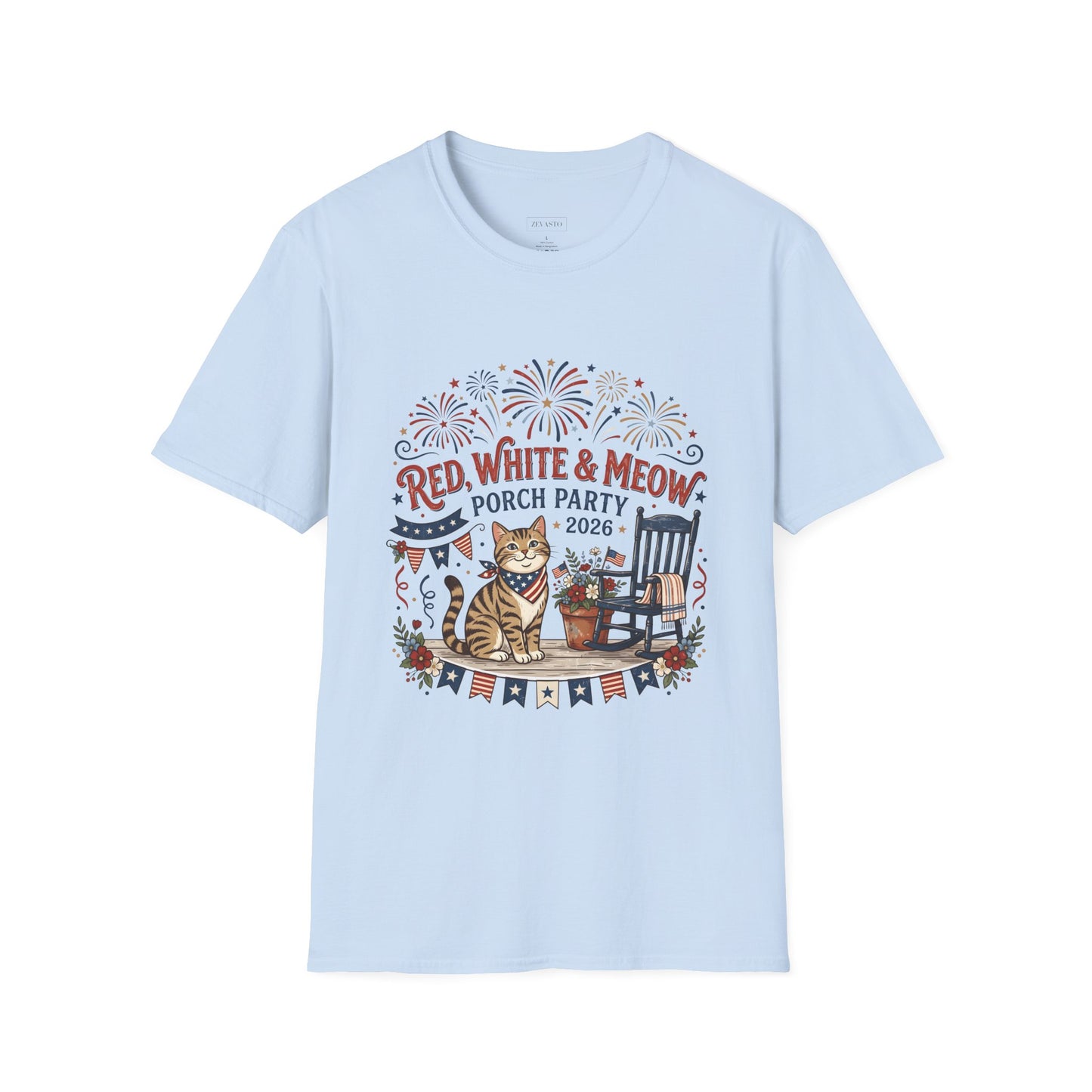 Red, White & Meow Porch Party T-Shirt — 2026 Patriotic Cat Tee, 4th of July Shirt, Independence Day Gift