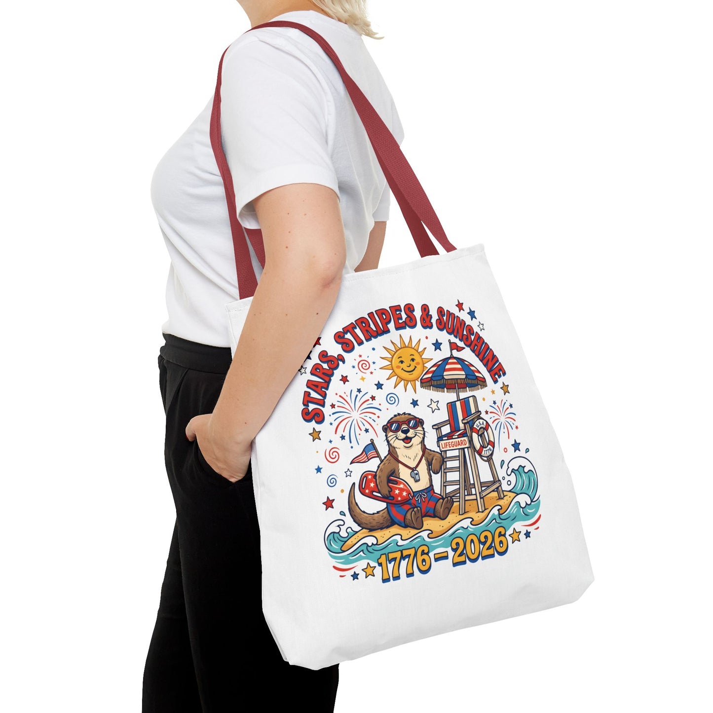Stars, Stripes & Sunshine Tote Bag — 1776–2026 Patriotic Summer Beach Tote, 4th of July Tote