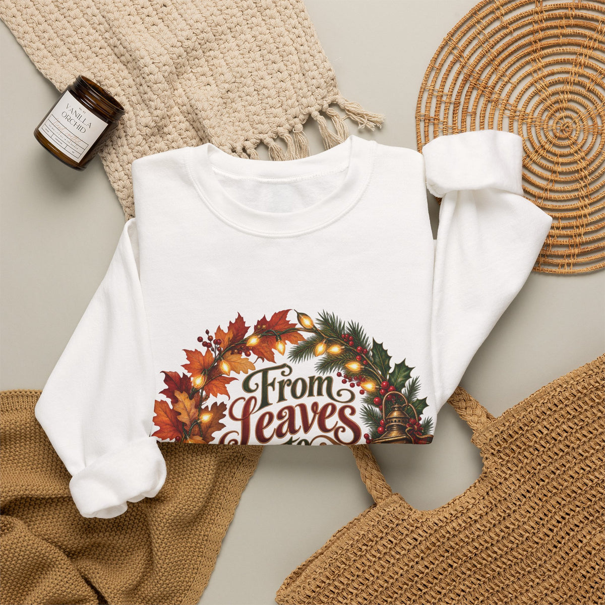 Christmas Crewneck Sweatshirt — "From Leaves to Lights" Autumn to Holiday Wreath Design
