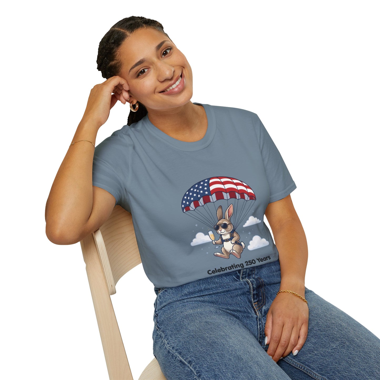 Patriotic Parachuting Bunny T-Shirt — "Celebrating 250 Years"