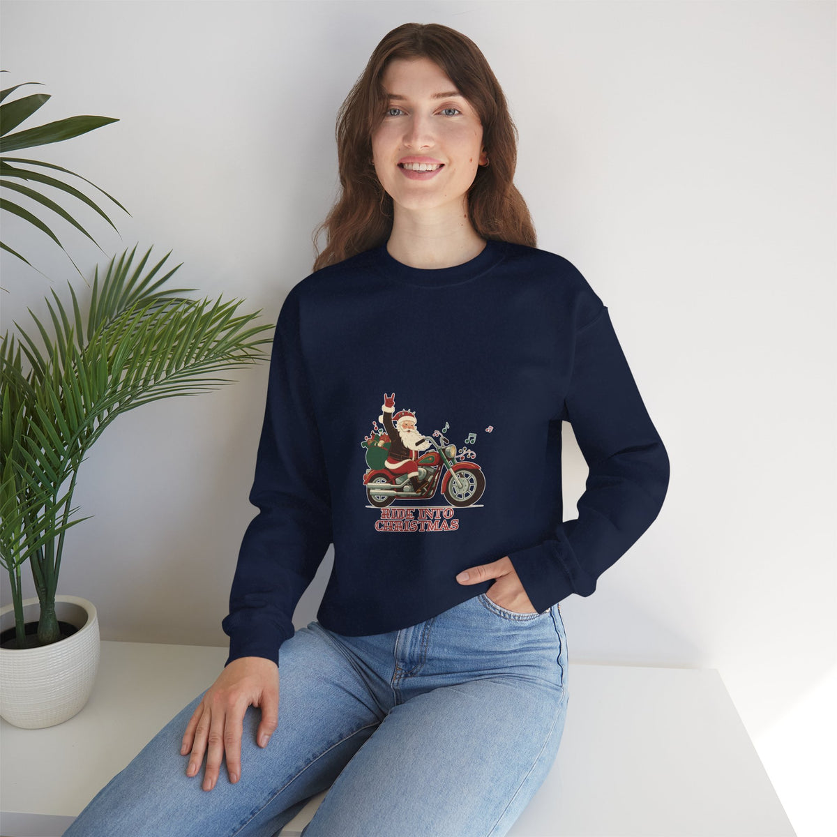 Christmas Motorcycle Sweatshirt - "Ride Into Christmas" Santa Biker Holiday Crewneck