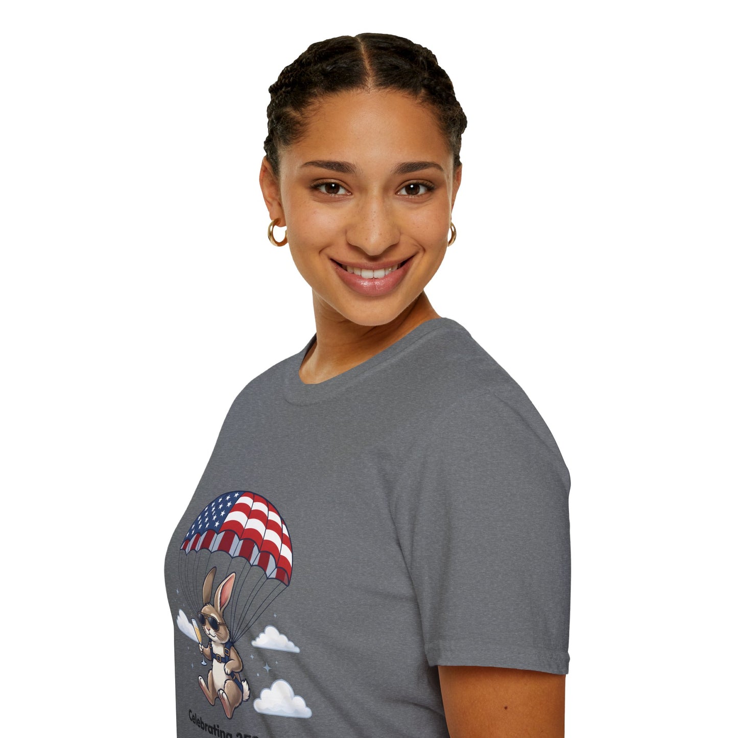 Patriotic Parachuting Bunny T-Shirt — "Celebrating 250 Years"