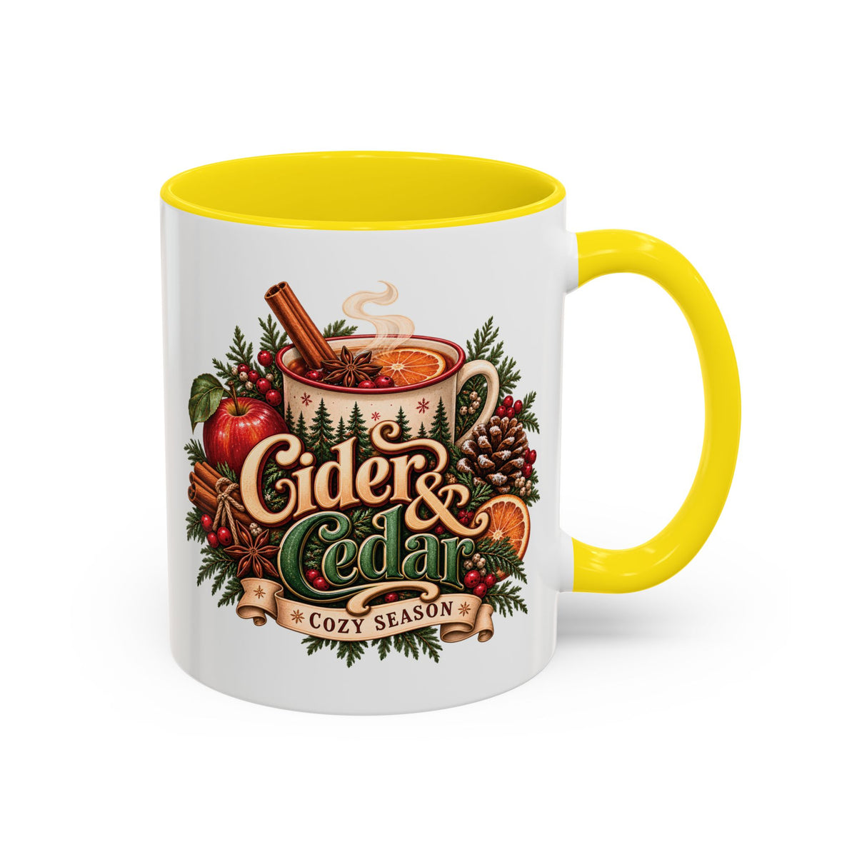 Cider & Cedar Accent Coffee Mug — Cozy Fall Hot Drink Gift (11 oz)