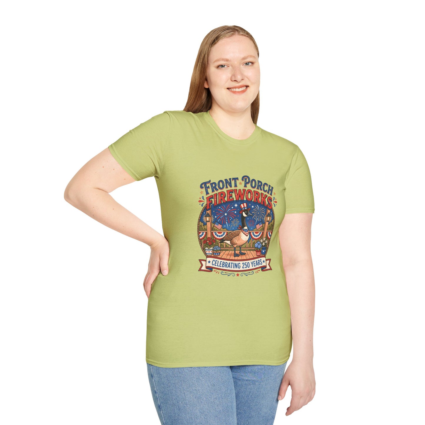Front Porch Fireworks, Goose T-Shirt — Patriotic 4th of July Celebration Tee