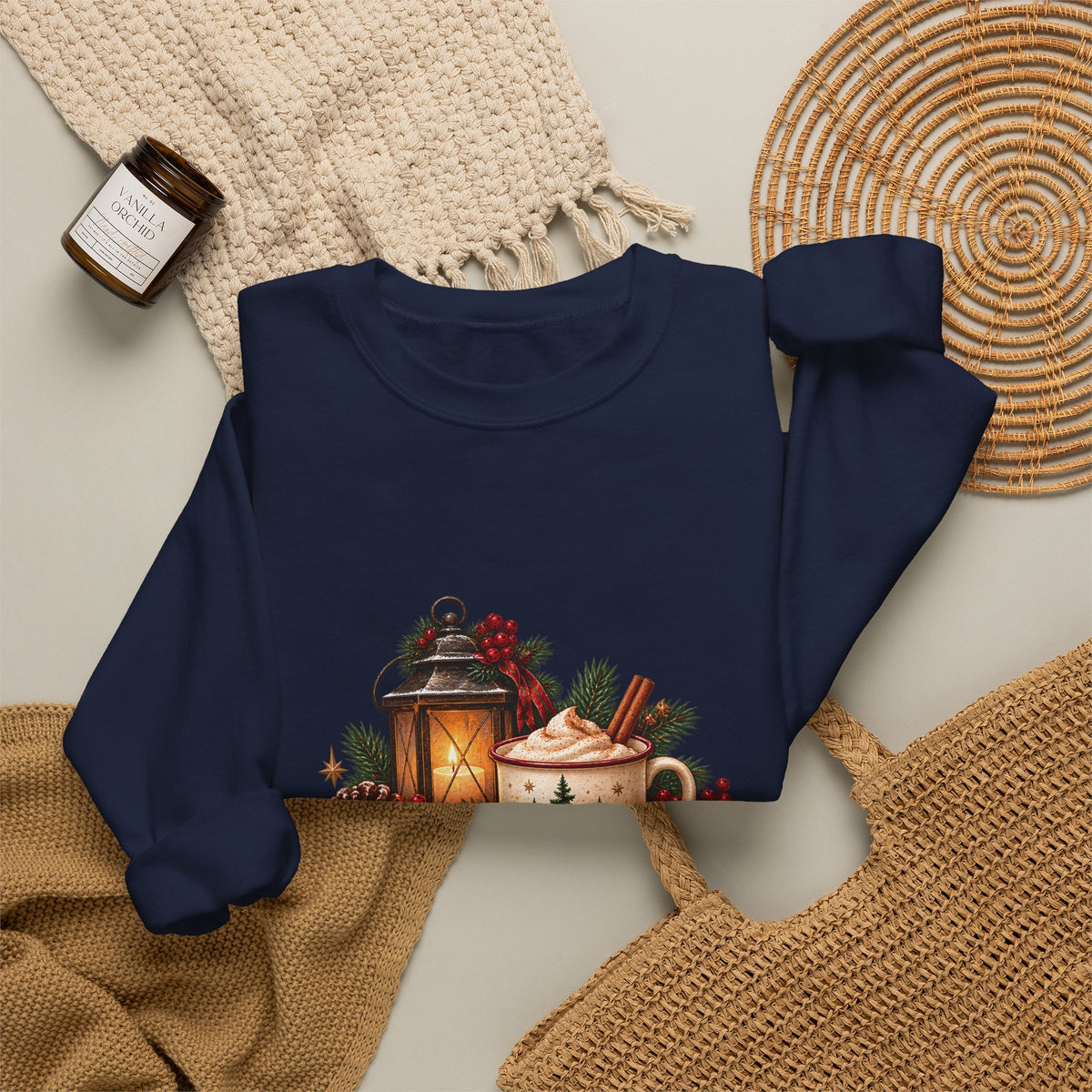 Cinnamon & Pine Crewneck Sweatshirt — Cozy Holiday Lantern Design Sweatshirt