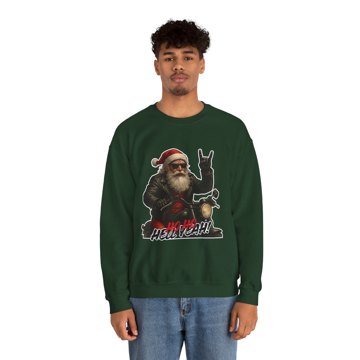 Santa Biker Crewneck Sweatshirt – 'Ho Ho Hell Yeah' Christmas Motorcycle Pullover