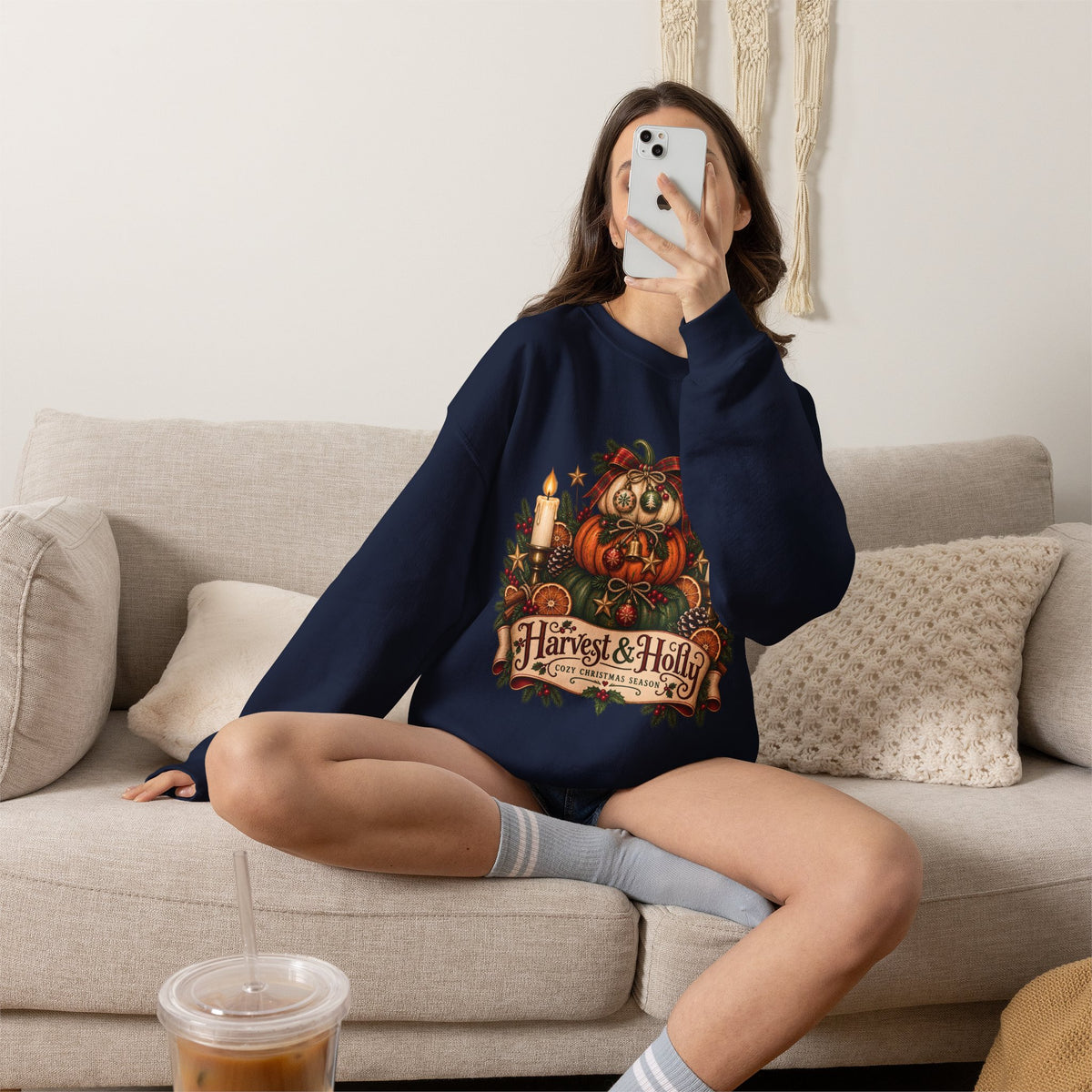 Harvest & Holly Crewneck Sweatshirt — Vintage Pumpkin Fall Graphic Sweatshirt