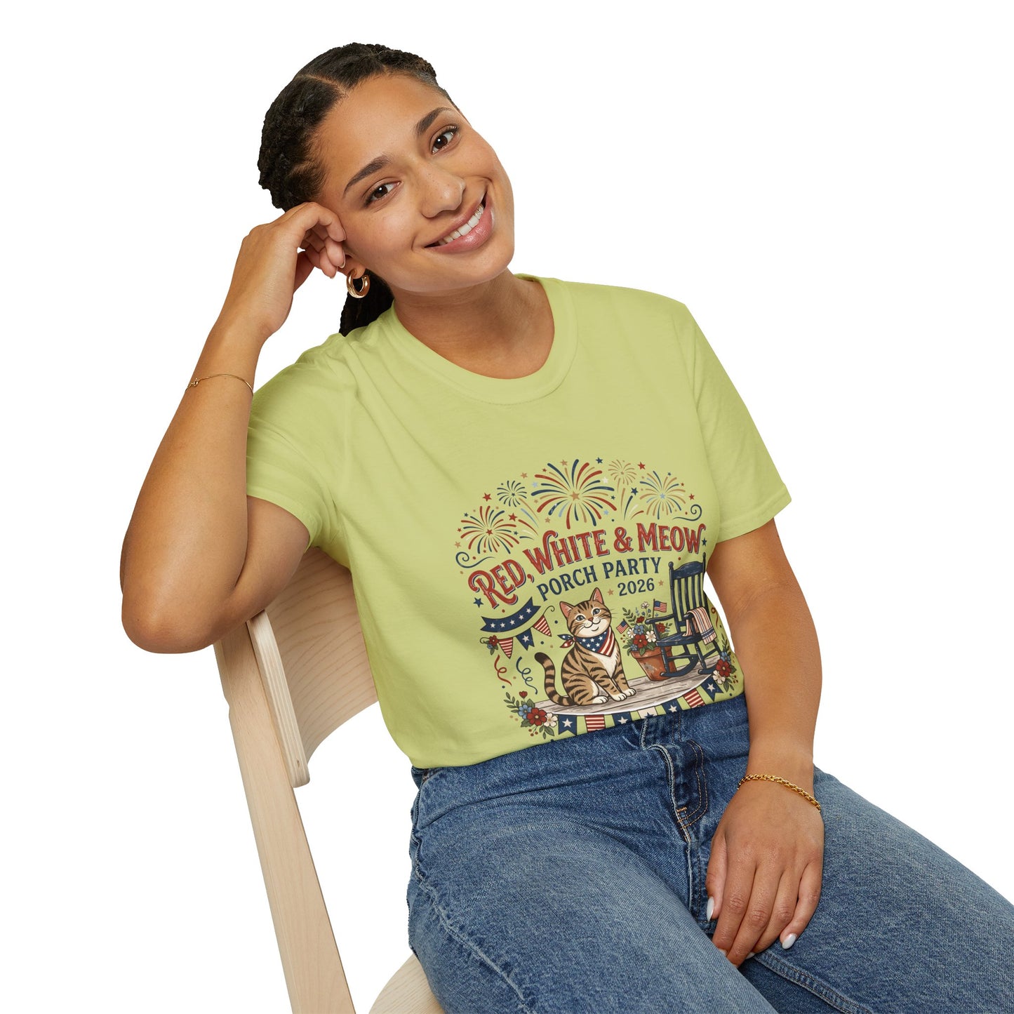 Red, White & Meow Porch Party T-Shirt — 2026 Patriotic Cat Tee, 4th of July Shirt, Independence Day Gift