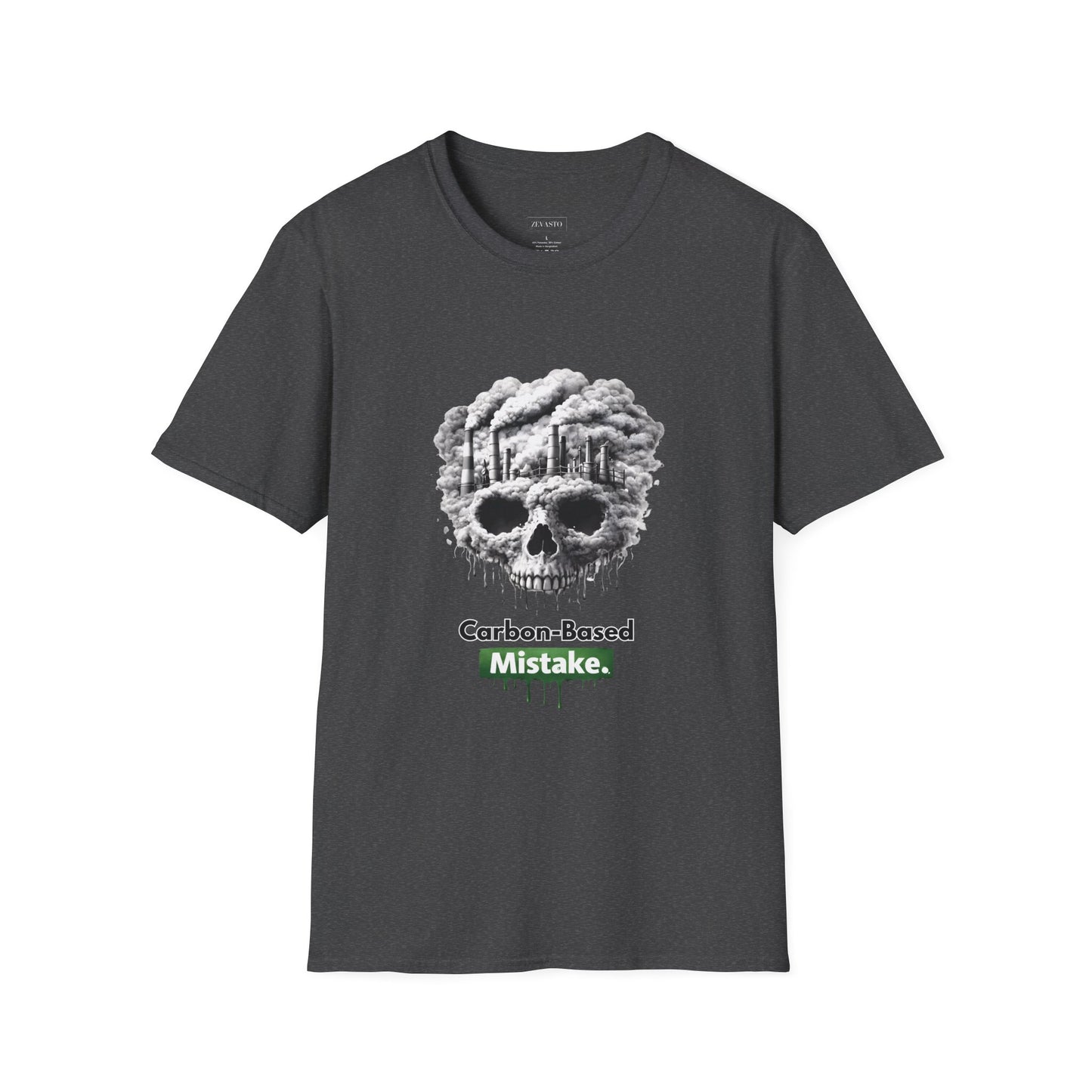 Carbon-Based Mistake Skull T-Shirt — Dark Humor Graphic Tee for Earth Day