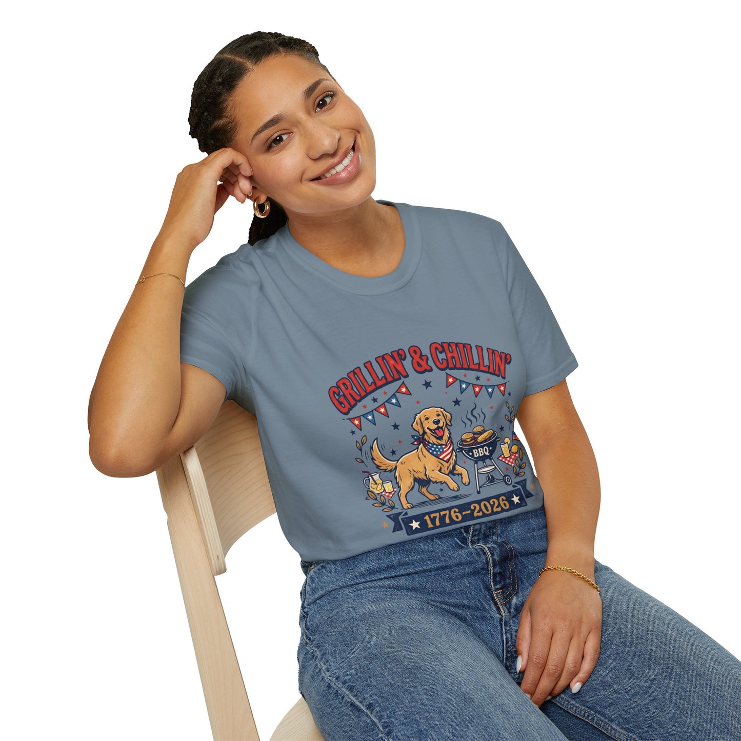 Grillin' & Chillin' BBQ Dog T-Shirt — 1776-2026 Patriotic Summer Tee, 4th of July Shirt, Independence Day Tee