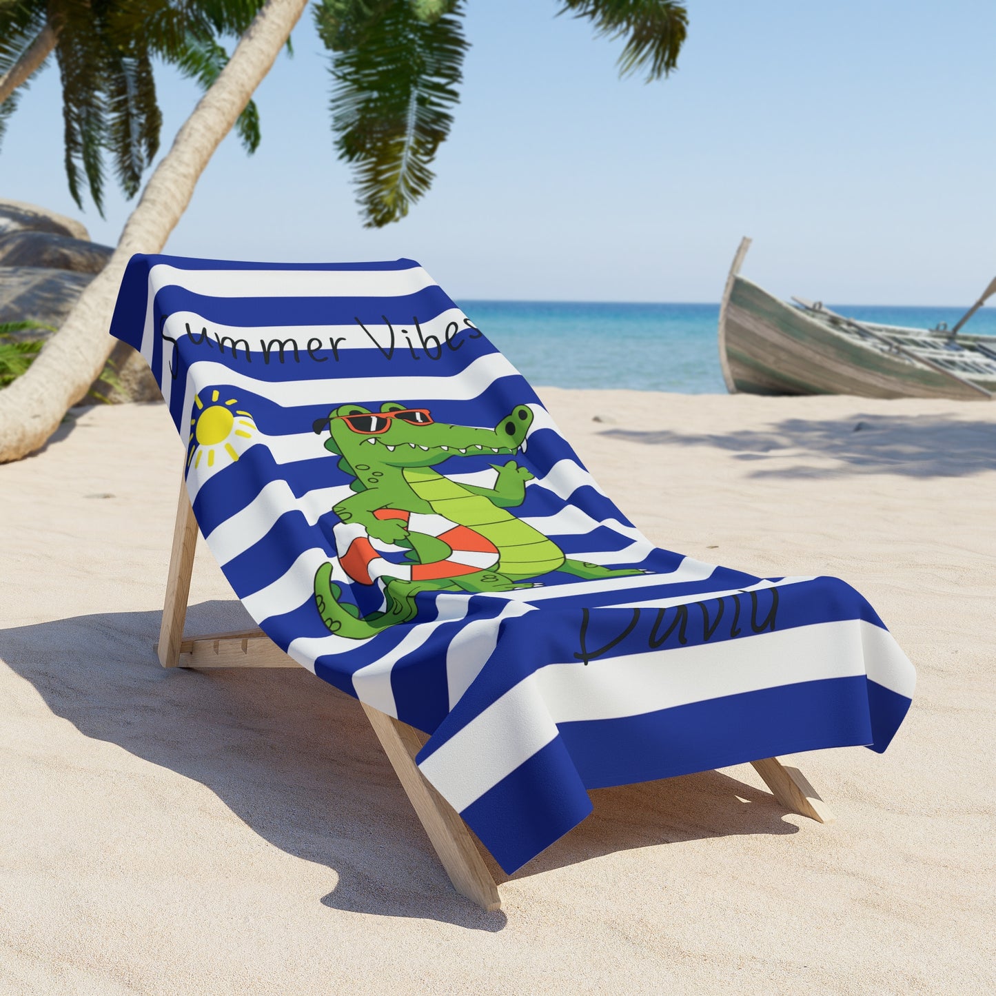 Personalized Alligator Beach Towel – 'Summer Vibes' Striped Towel with Name