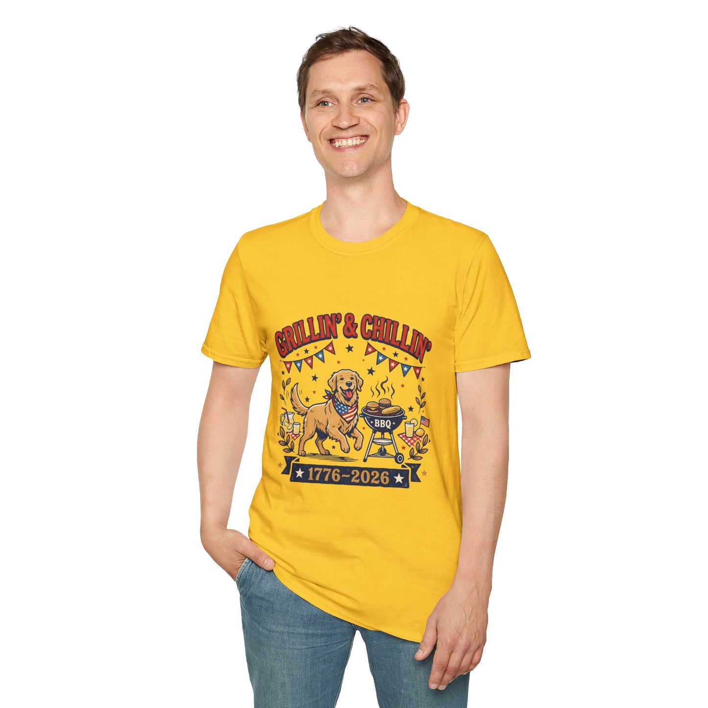 Grillin' & Chillin' BBQ Dog T-Shirt — 1776-2026 Patriotic Summer Tee, 4th of July Shirt, Independence Day Tee
