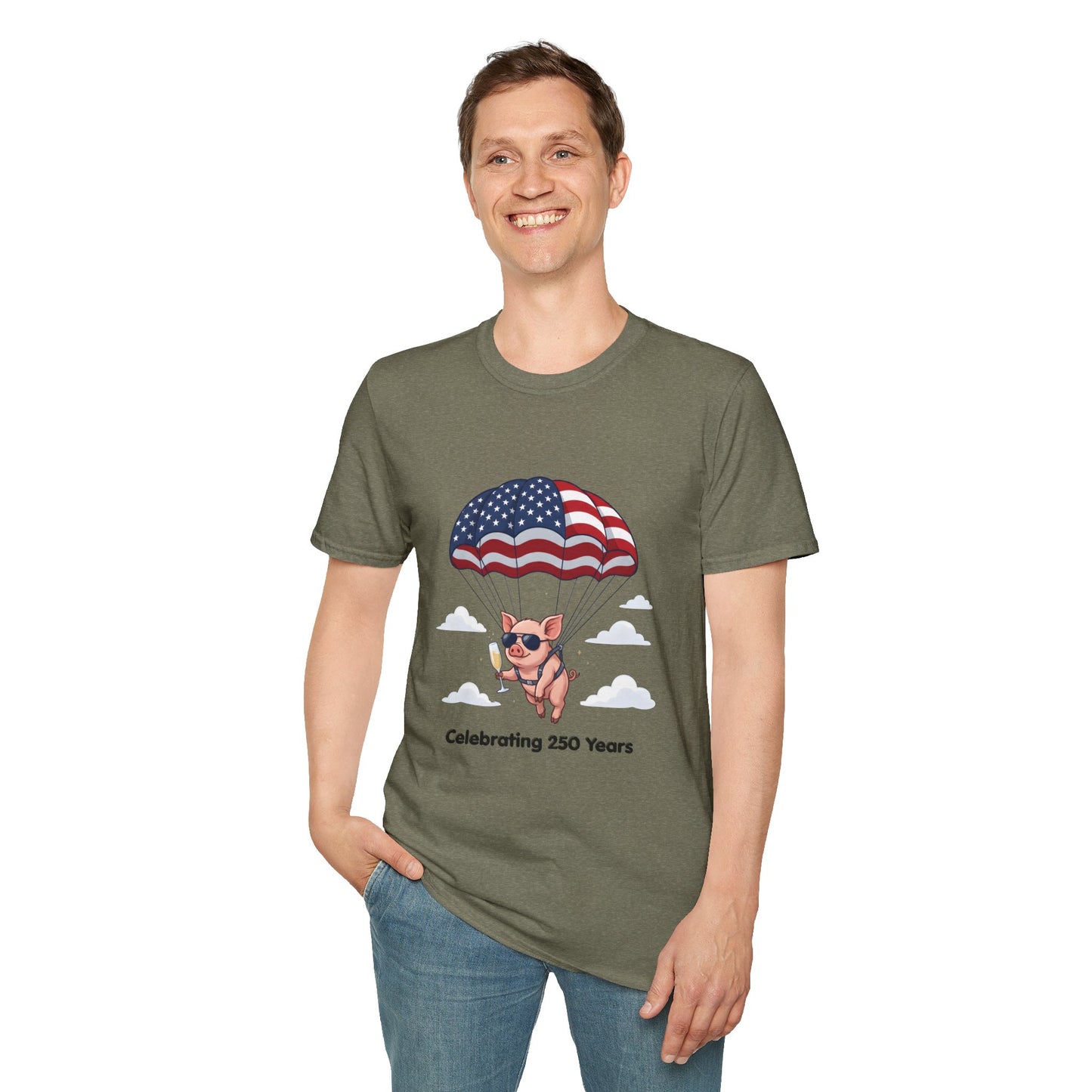 Patriotic Parachuting Piglet T-shirt - “Celebrating 250 Years”