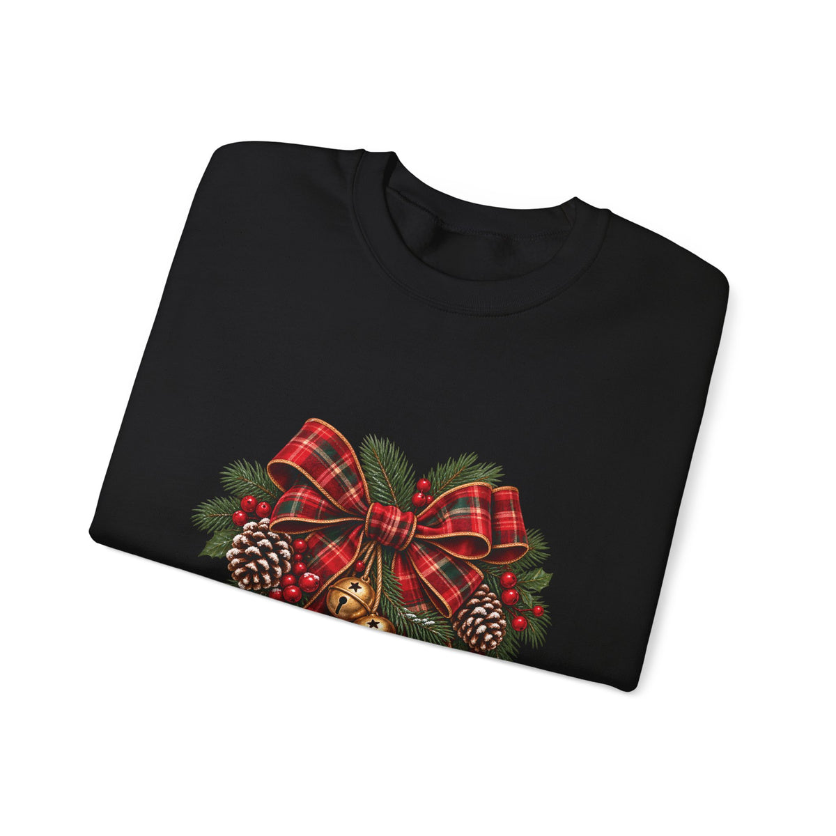 Christmas Plaid Bow Sweatshirt - Holiday Pinecone & Jingle Bells Crewneck