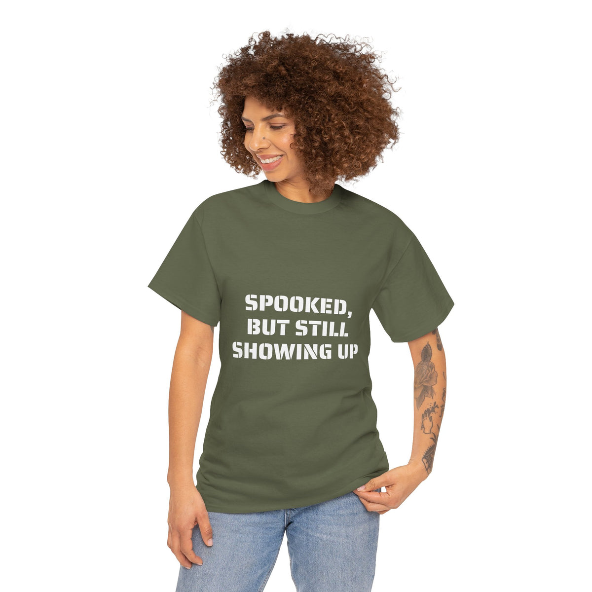 Spooked, But Still Showing Up Unisex Heavy Cotton Tee | Halloween, Funny T-Shirt