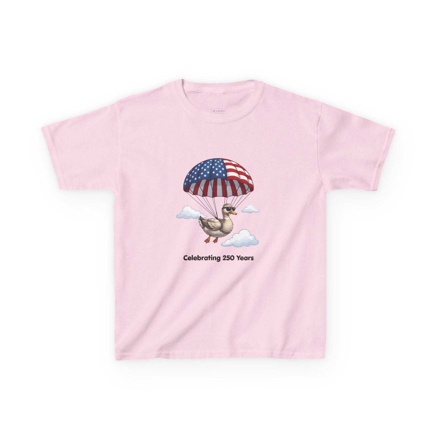 Kids Tee — Parachuting Duck, "Celebrating 250 Years"
