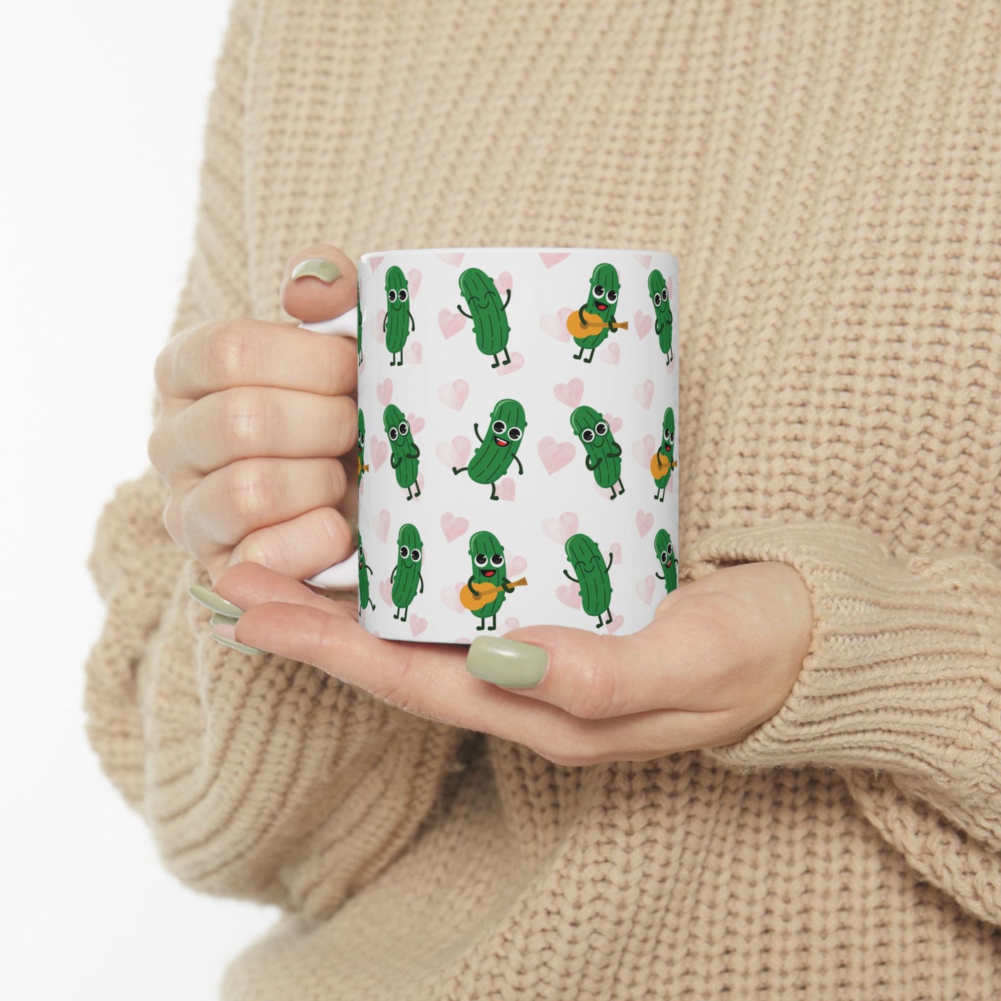 Pickle Love Ceramic Mug — Cute Dancing Pickles Pattern (11oz)