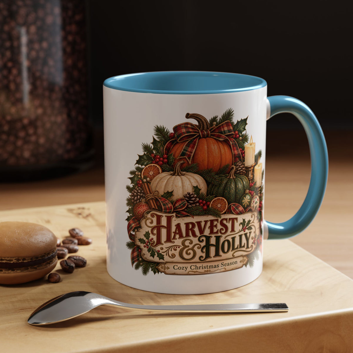 Harvest & Holly Accent Coffee Mug - Vintage Christmas Holiday Mug (11 oz)