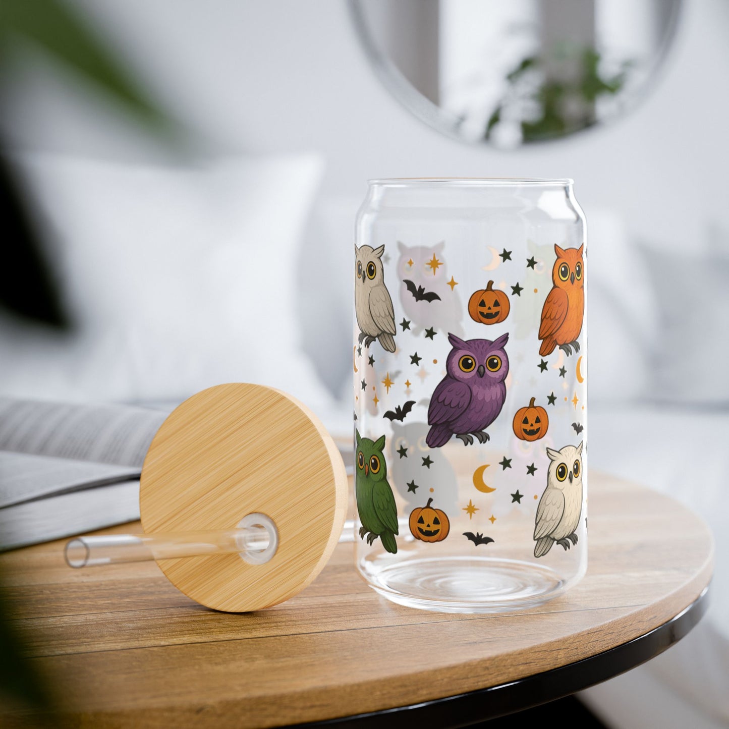 Halloween Owl Sipper Glass, 16oz | Cute Owl Drinkware | Fall Themed Mug | Spooky Decor