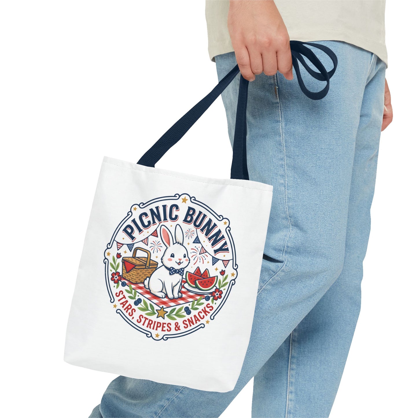 Patriotic Picnic Bunny Tote Bag — ‘Stars, Stripes & Snacks’ Cute Rabbit Picnic Tote, 4th of July Tote