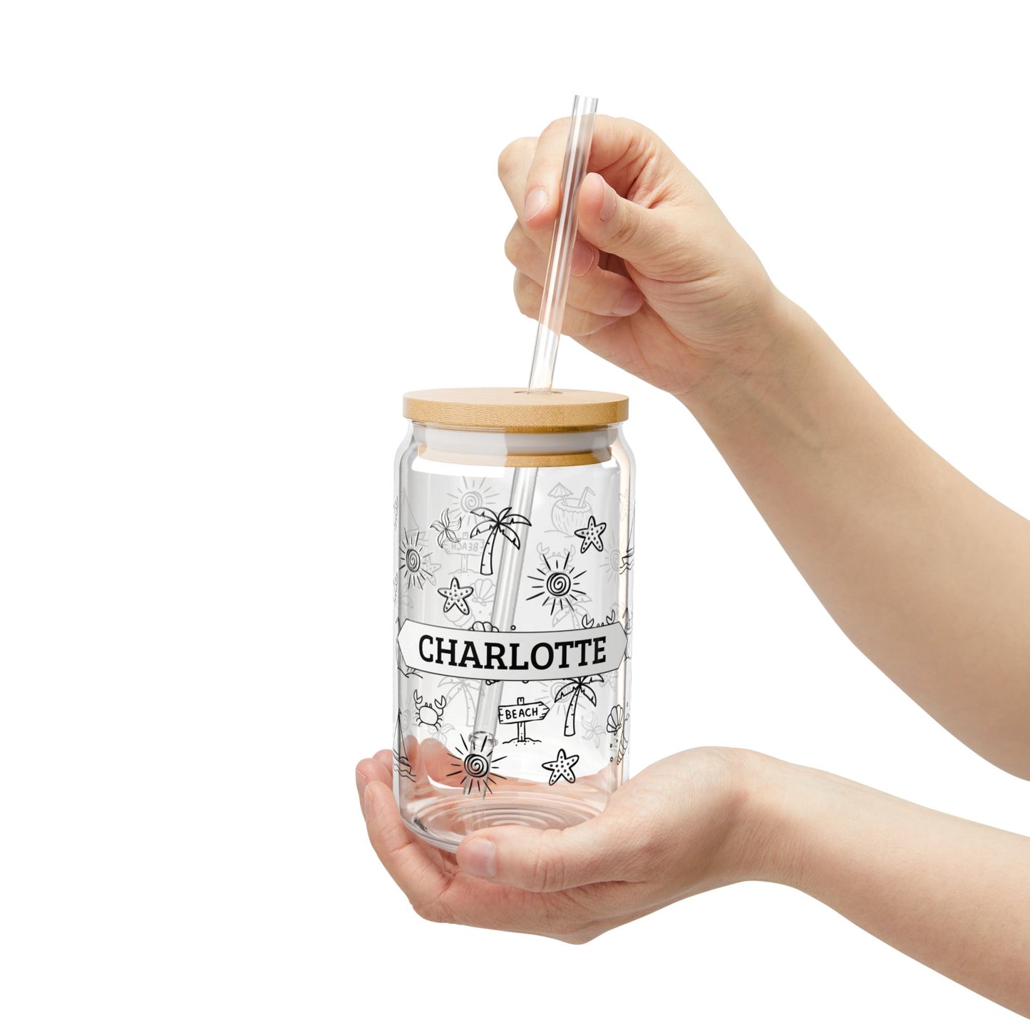 Personalized Beach Pattern Sipper Glass – 16oz Tumbler with Straw (Custom Name)
