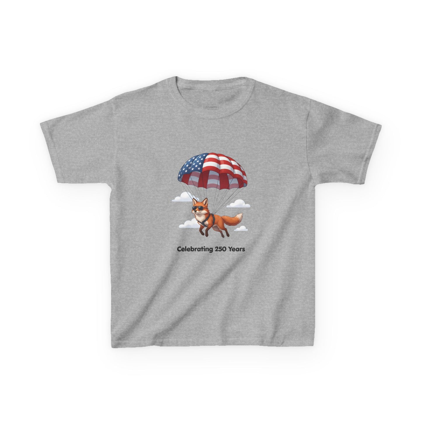 Kids Tee — Patriotic Fox with Parachute - “Celebrating 250 Years”