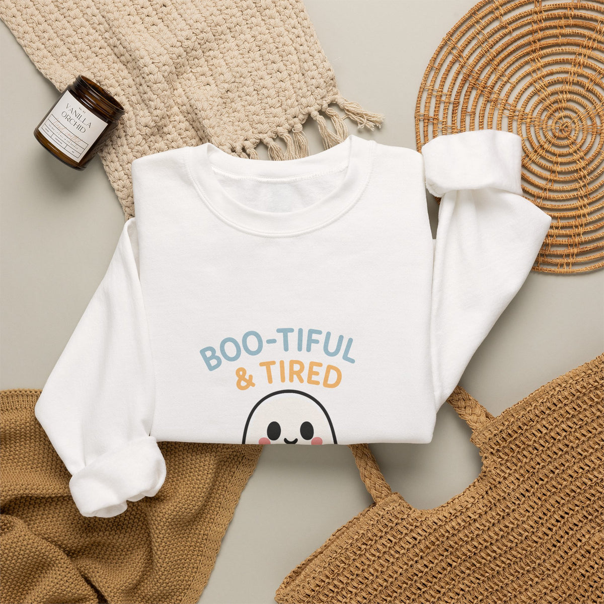 Boo-tiful & Tired Sweatshirt, Halloween-Themed Design