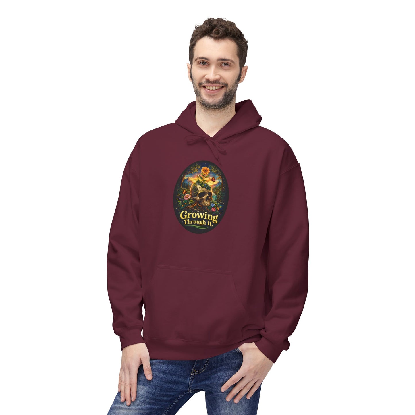 Growing Through It Hoodie – Earth Day Nature Skull Sweatshirt | Mental Growth & Healing Hoodie | Botanical Aesthetic Unisex Hoodie