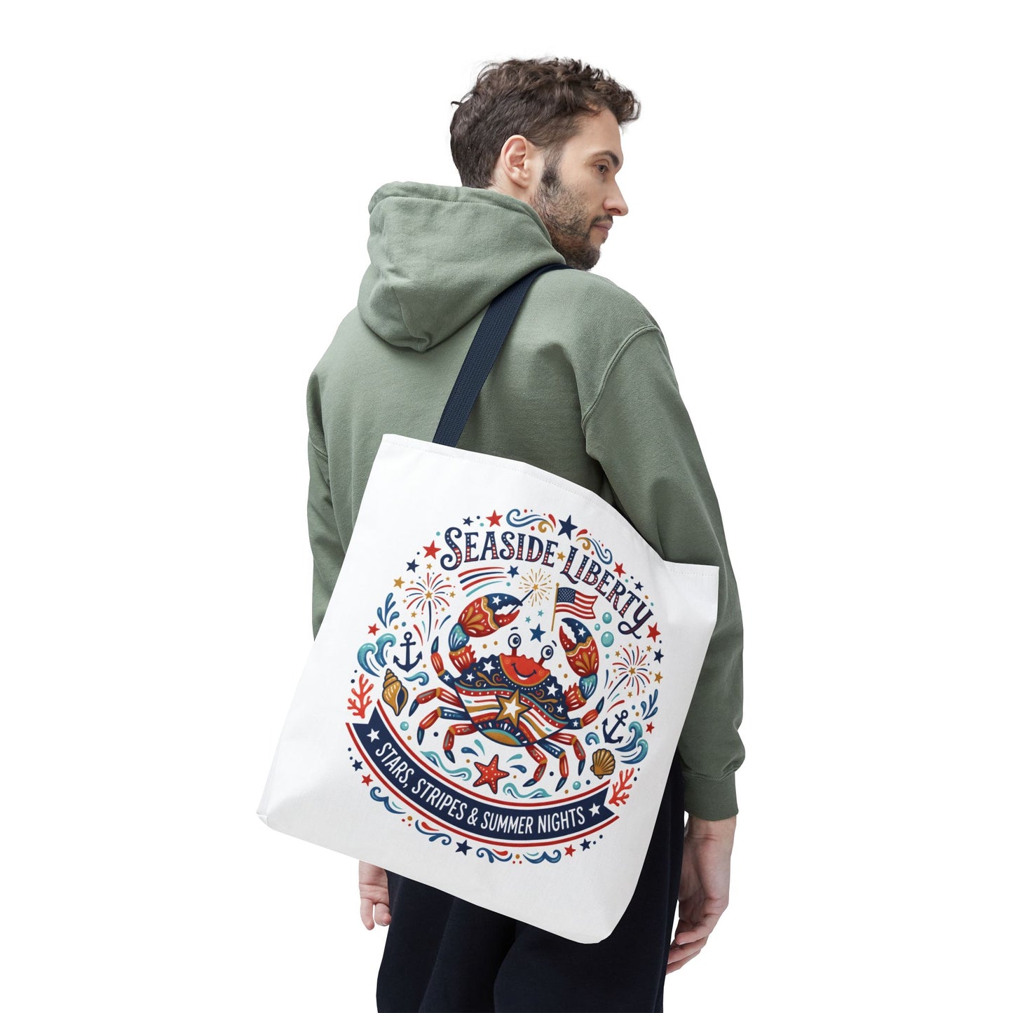 Seaside Liberty Tote Bag — 4th of July, Patriotic Bag "Stars, Stripes & Summer Nights"
