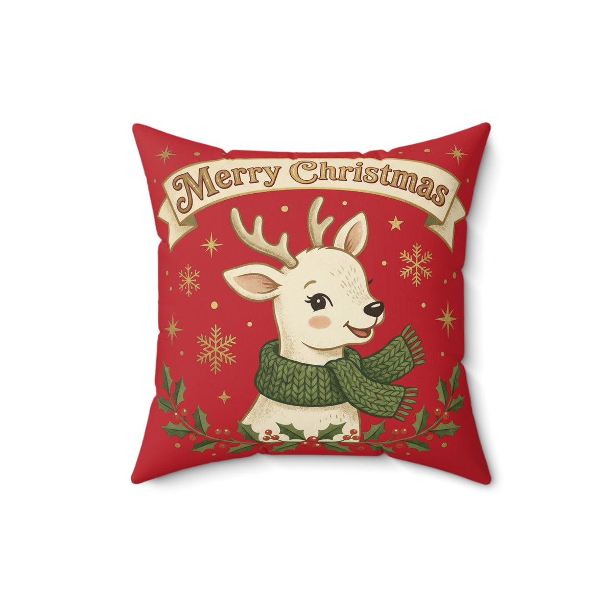 Christmas Reindeer Throw Pillow - "Merry Christmas" Festive Holiday Decor