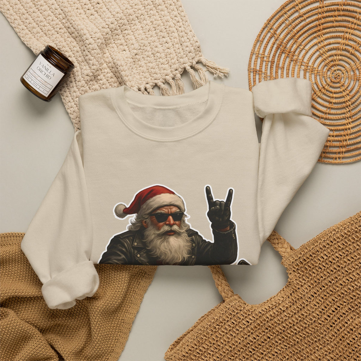 Santa Biker Crewneck Sweatshirt – 'Ho Ho Hell Yeah' Christmas Motorcycle Pullover